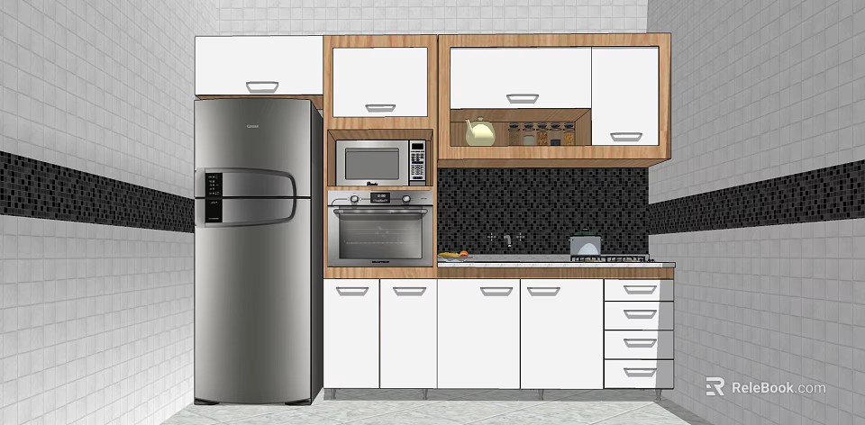 Modern Kitchen With White And Wooden Cabinets Stainless Steel Refrigerator Microwave Oven Black Tile Backsplash 3d model 