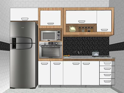 Modern Kitchen With White And Wooden Cabinets Stainless Steel Refrigerator Microwave Oven Black Tile Backsplash 3d model