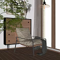 Modern Armchair With Linen Cushion Metal Frame By Window Side Wooden Cabinet And Green Plants