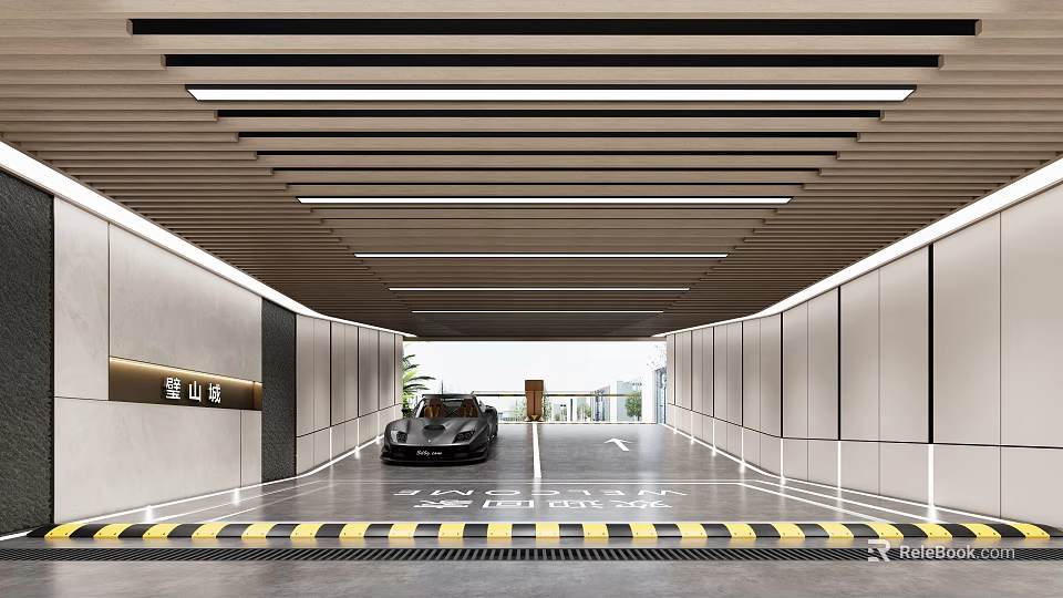 Modern Parking Garage Entrance With Black Sports Car And Linear Ceiling Lights 3d model 