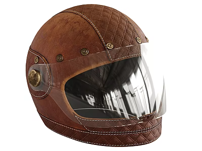 Vintage Brown Leather Motorcycle Helmet With Clear Visor Stitched Design And Metal Studs 3d model