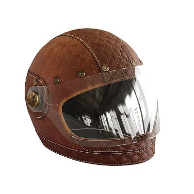 Vintage Brown Leather Motorcycle Helmet With Clear Visor Stitched Design And Metal Studs 3d model