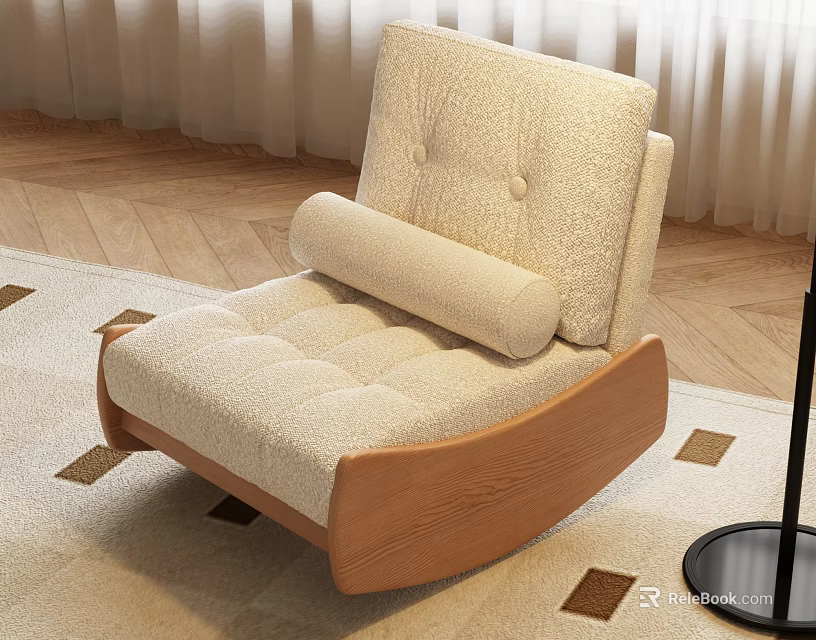 Beige Plush Lounge Chair With Wooden Frame Comfortable Cushioned Seat On Herringbone Floor 3d model 