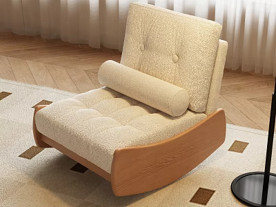 Beige Plush Lounge Chair With Wooden Frame Comfortable Cushioned Seat On Herringbone Floor 3d model