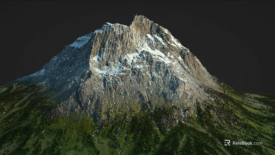 Mountain Terrain Featuring Snow Covered Peak Rocky Slopes And Lush Green Vegetation 3d model 