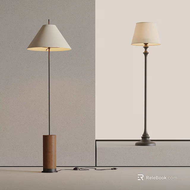 Modern Floor Lamp with Wooden and Metal Base and White Lampshade for Home Interior 3d model 