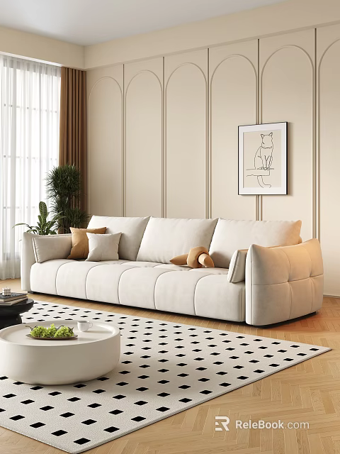 Modern Light Beige Sofa And Coffee Table Set With Cushions Geometric Rug And Wall Art 3d model 
