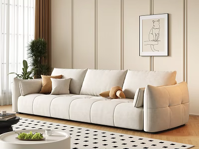 Modern Light Beige Sofa And Coffee Table Set With Cushions Geometric Rug And Wall Art 3d model