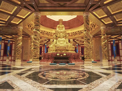 Sacred Buddhist Hall Interior With Grand Golden Buddha Statue Ornate Pillars And Polished Marble Floor 3d model