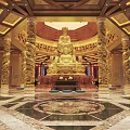 Sacred Buddhist Hall Interior With Grand Golden Buddha Statue Ornate Pillars And Polished Marble Floor
