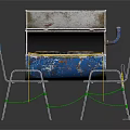 Blue Silver Metal Grill With Grilled Meat And Green Yellow Rope Chairs