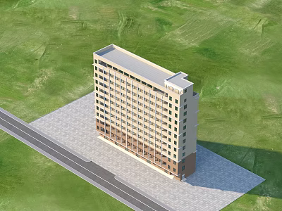 Industrial Factory Building Multi Storey Modern Structure Surrounded By Green Grassland And Road 3d model