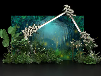 Elegant Check in Photo Spot With Tropical Green Plants White Flowers And Decorative Green Backdrop 3d model