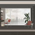 Modern Interior Space With Light Filtering Vertical Striped Curtains Red Chairs Green Plant And Bookshelf