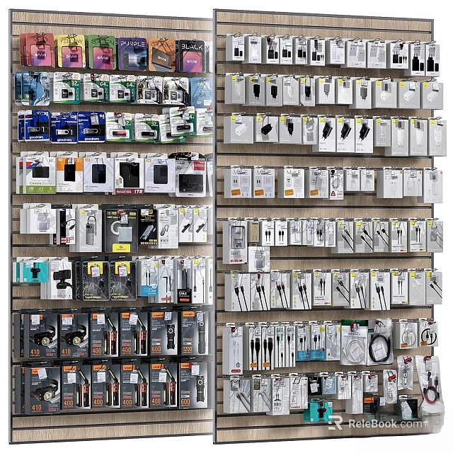 Various Packaged Decorative Ornament Sets Displayed on Multiple Shelves 3d model 