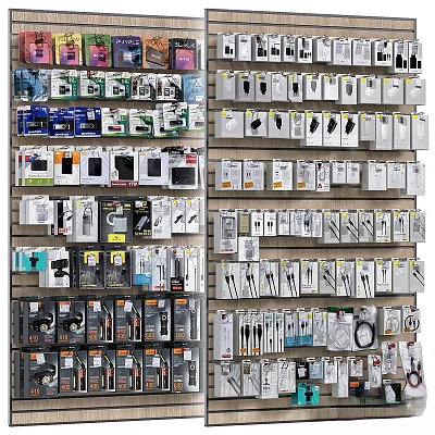 Various Packaged Decorative Ornament Sets Displayed on Multiple Shelves 3d model