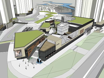 Modern Commercial Complex With Green Roof And Waterfront Plaza For Pedestrians 3d model