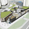 Modern Commercial Complex With Green Roof And Waterfront Plaza For Pedestrians