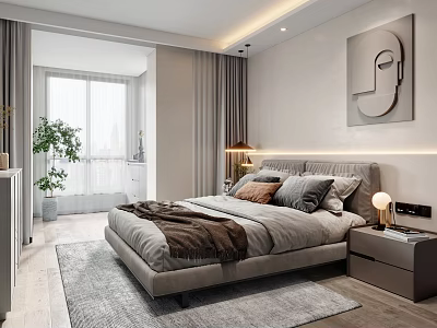 Modern Bedroom Interior Design With Gray Bed Nightstand Lamp Artwork Rug And Curtains 3d model