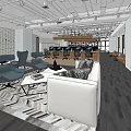 Modern Public Office Space With Open Workstations Sofa Seating And Pendant Lights 3d model