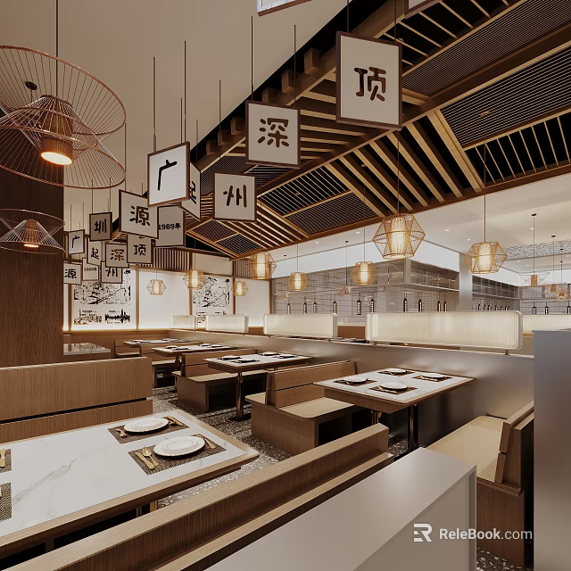 Chinese Style Restaurant Interior Design With Wooden Decor Chinese Character Lanterns And Marble Tables 3d model 