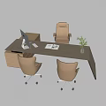 Modern Wooden Office Desk with Computer Mouse Open Book Three Chairs and Potted Plant