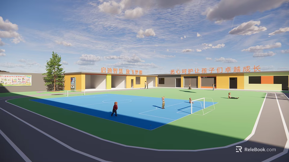 Outdoor Basketball Court With Blue Surface Green Area And Kids Playing Near Yellow Buildings 3d model 