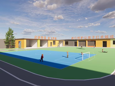 Outdoor Basketball Court With Blue Surface Green Area And Kids Playing Near Yellow Buildings 3d model
