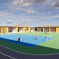 Outdoor Basketball Court With Blue Surface Green Area And Kids Playing Near Yellow Buildings