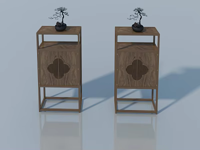 Two Wooden Cabinets with Hinged Doors Featuring Lattice Design and Small Potted Plants 3d model