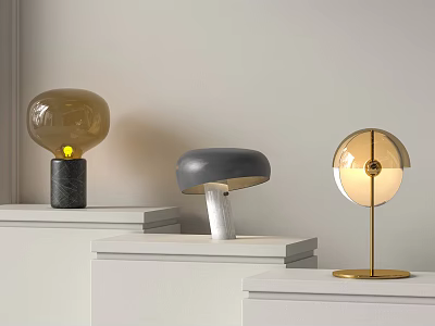 Modern Table Lamps on White Shelves with Glass Shades and Metal Bases 3d model