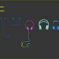 Computer Headphones Various Types In Ear Over Ear with Sleek White Outline Dark Background Reflection 3d model