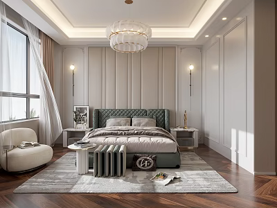Modern Bedroom Interior Featuring Tufted Wall Panel Green Headboard Chandelier And Floor to Ceiling Window 3d model