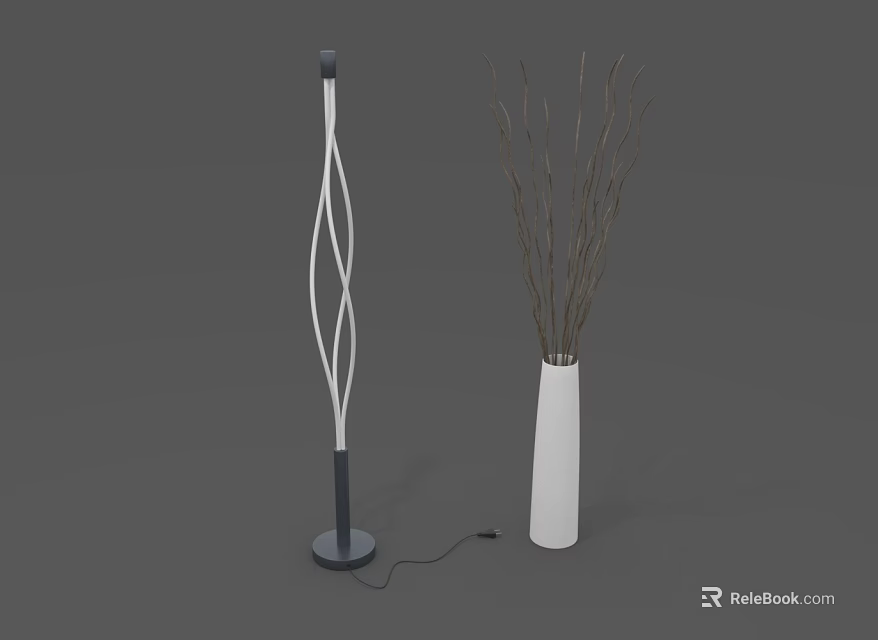 Modern Floor Lamp with Twisted White and Black Pole and White Vase with Dried Branches 3d model 