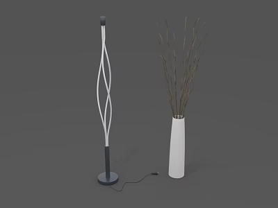 Modern Floor Lamp with Twisted White and Black Pole and White Vase with Dried Branches 3d model