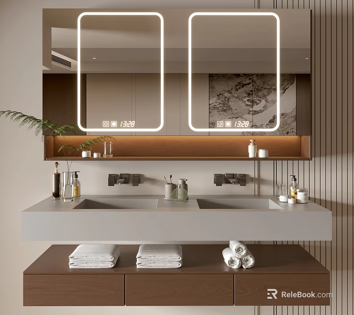 Modern Bathroom Vanity With Double Sink Backlit Mirrors Wooden Accents And Towels 3d model 