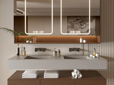 Modern Bathroom Vanity With Double Sink Backlit Mirrors Wooden Accents And Towels 3d model