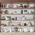 Stylish Dinnerware Set With Various Plates Bowls Cups On Wooden Shelf