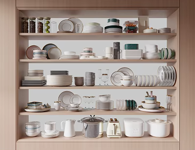 Stylish Dinnerware Set With Various Plates Bowls Cups On Wooden Shelf 3d model