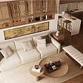 Modern Living Room Interior Featuring Beige Sofa Wooden Coffee Table Bamboo Woven Decor And Bench