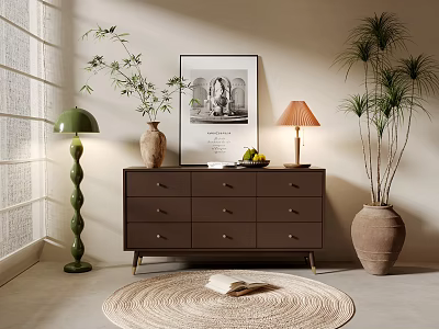Stylish Entryway Console Cabinet with Wooden Drawers Potted Plants Floor Lamp and Woven Rug 3d model