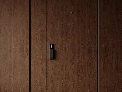 Modern Dark Brown Wooden Security Door With Smart Lock And Durable Design 3d model