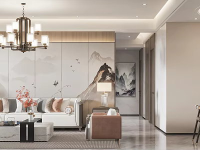 Modern Chinese Living Dining Room Interior With Sofa Coffee Table And Mountain Painting 3d model