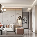 Modern Chinese Living Dining Room Interior With Sofa Coffee Table And Mountain Painting