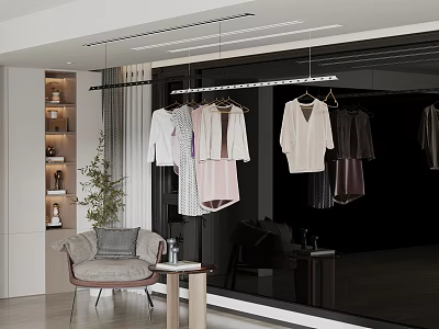 Hangers Displaying Clothes In Modern Interior With Plants And Shelves 3d model