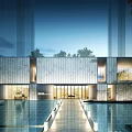 Modern Cultural Center Building Exterior With Glass Facade And Pool Lighting