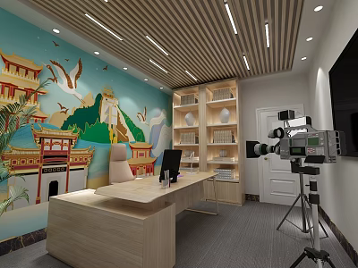 Public Office Space With Chinese Style Mural Wooden Desk Bookshelf And Camera Setup 3d model