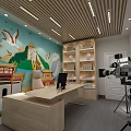 Public Office Space With Chinese Style Mural Wooden Desk Bookshelf And Camera Setup