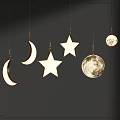 Illuminated Crescent Star Moon Pendant Lights With Golden Hooks On Black Wall