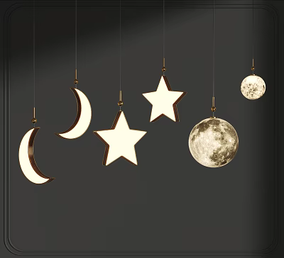 Illuminated Crescent Star Moon Pendant Lights With Golden Hooks On Black Wall 3d model